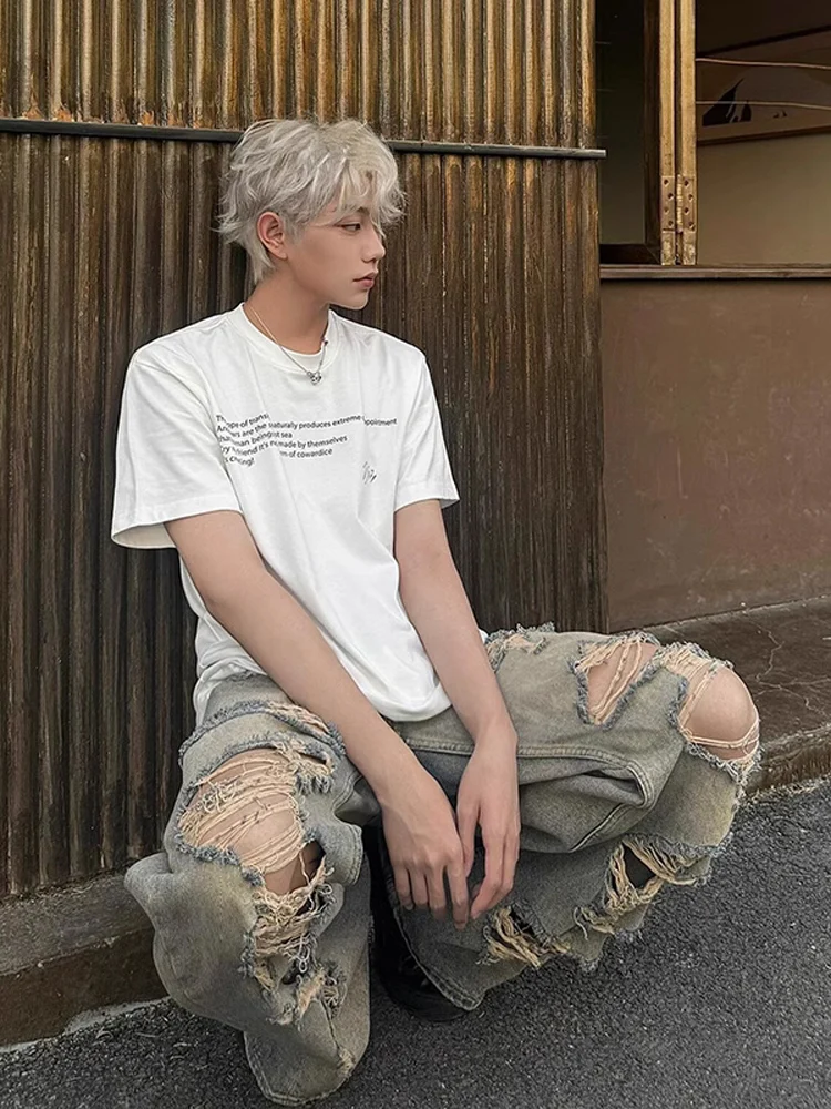 

Retro American Hole Denim Jeans Men Summer Thin Fashion Design Straight Leg Pants High Street Straight Tube Pants