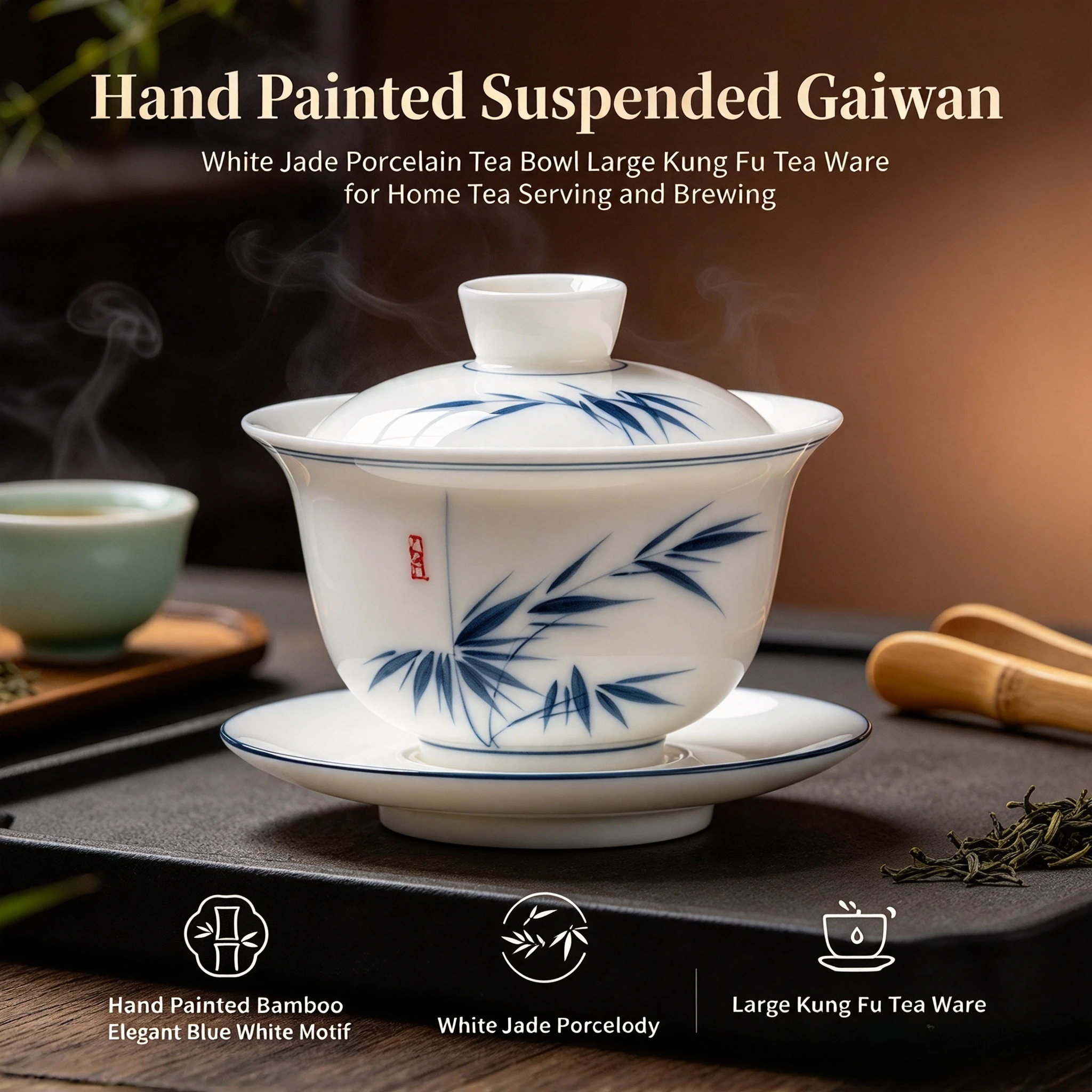Hand Painted Suspended Gaiwan White Jade Porcelain Tea Bowl Large Kung Fu Tea Ware for Home Tea Serving and Brewing