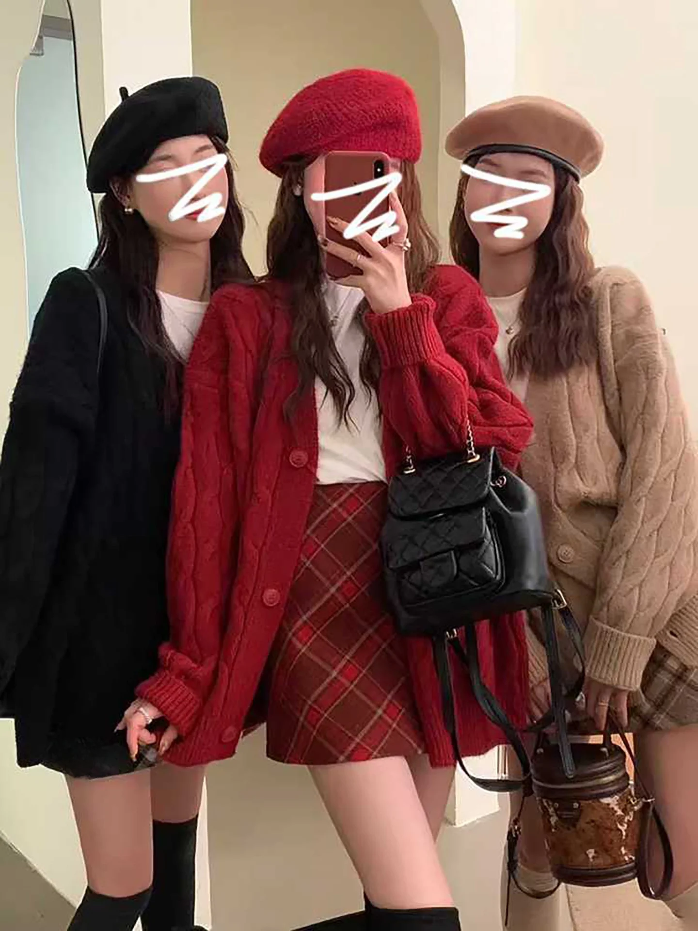 レディース Cisas レッド ニット オープン カーディガン セーター ルーズ アウター トップス ティーピース セット 秋冬新作 スレ レイジー ファイオン