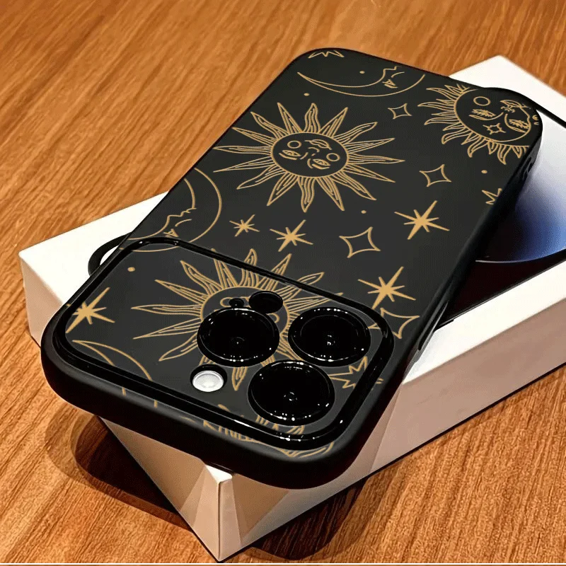 Ins Gold Sun Moon Matte Protect Phone Case For iPhone 17 Pro Max 16 15 Pro Max 13 12 14 11 Pro Max Silicone Lens Protect Cover