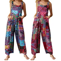 Women Summer Overalls Multicolor Ethnic Style Square Neck Sleeveless Fashion Casual Jumpsuit with Pockets