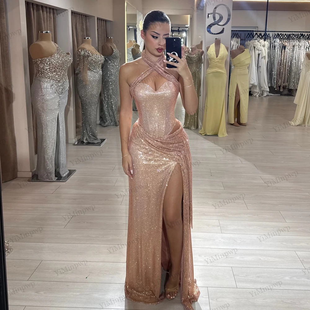 

2025 Luxury Women Evening Gown Halter Sweerheart Sleeveless Glitter Party Gown Customized Formal Dresses for Wedding Party
