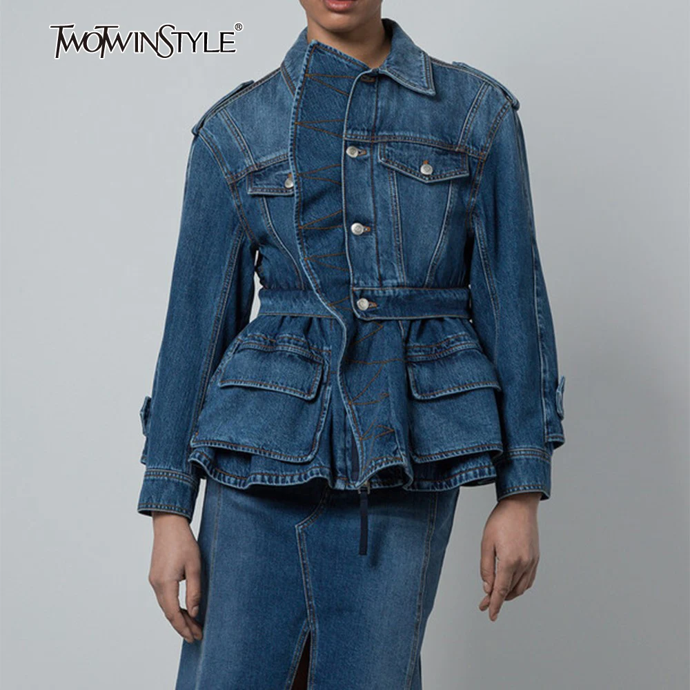 

TWOTWINSTYLE Blue Spliced Pockets Chic Jacket Female Lapel Long Sleeve Slimming Streetwear Retro Women's Jackets Autumn Fashion