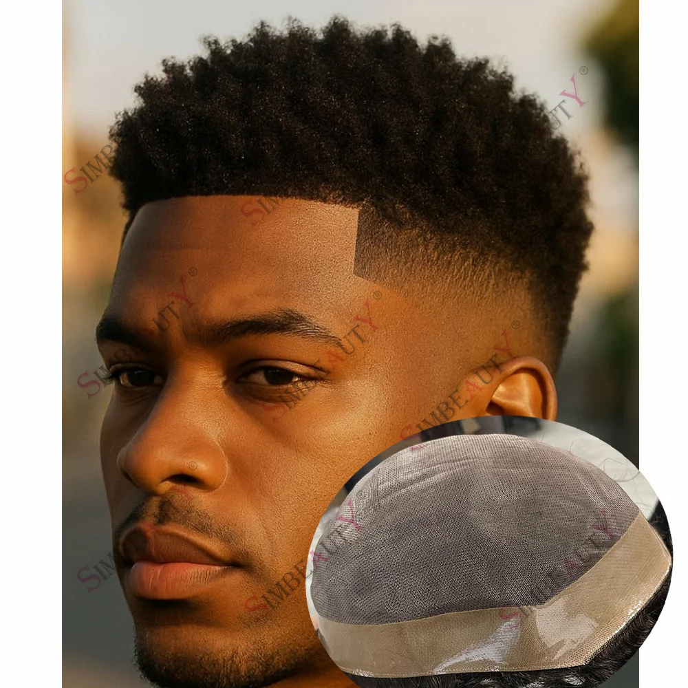 

Необнаружимая темно-черная система 100% человеческих волос 4 мм 6 мм, афро плотные вьющиеся тонкие монопротезы для волос, прочные мужские парики, долговечные