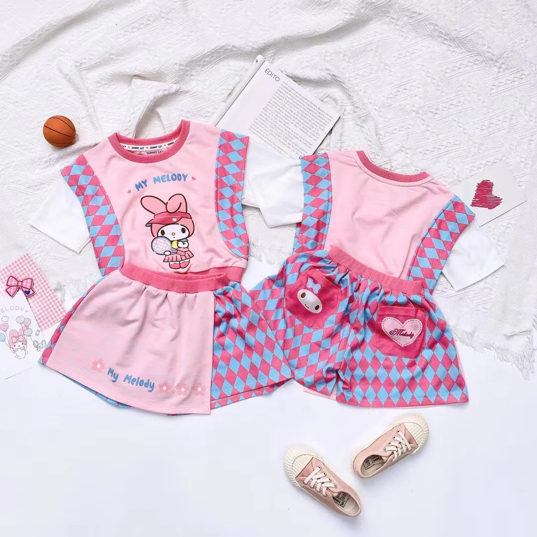 Sanrio-Conjunto de Vestido de manga corta de algodón para niños, camiseta de dibujos animados My Melody, Top de falda corta, ropa de verano, regalo