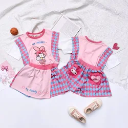 Conjunto de vestido de manga curta Sanrio infantil, estilo coreano, roupa de algodão, camiseta dos desenhos animados, top melody, saia curta, presente infantil, verão