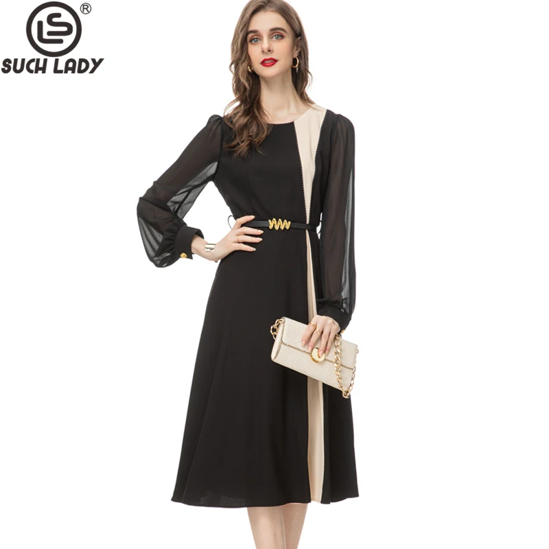 Women's Runway Dresses O Neck Long Sleeves Color Block Patchwork Fashion Designer Short Vestidos