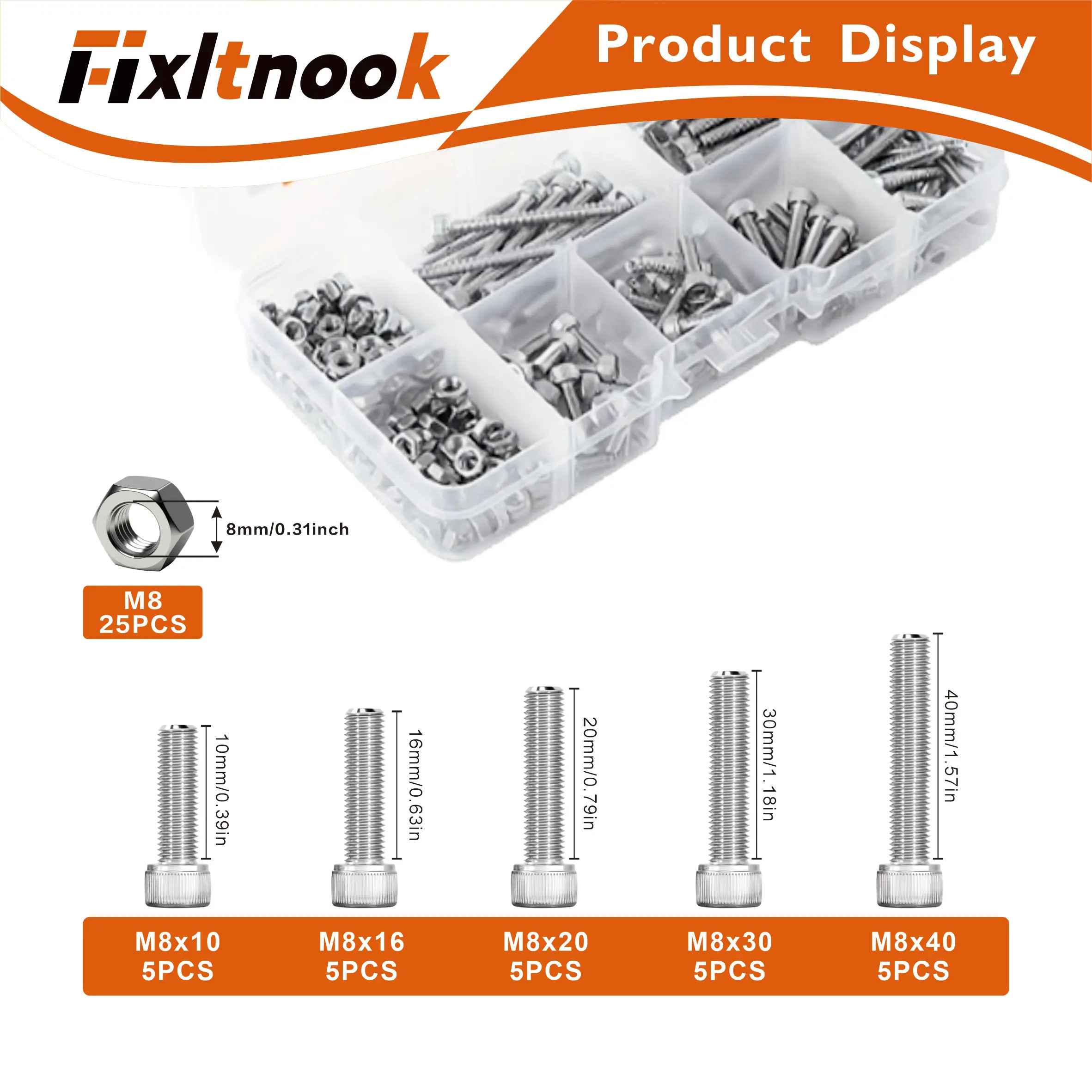 50 peças, conjunto de combinação de parafusos hexagonais de cabeça de copo de aço inoxidável 304, M8 10-40mm, unidade hexagonal métrica