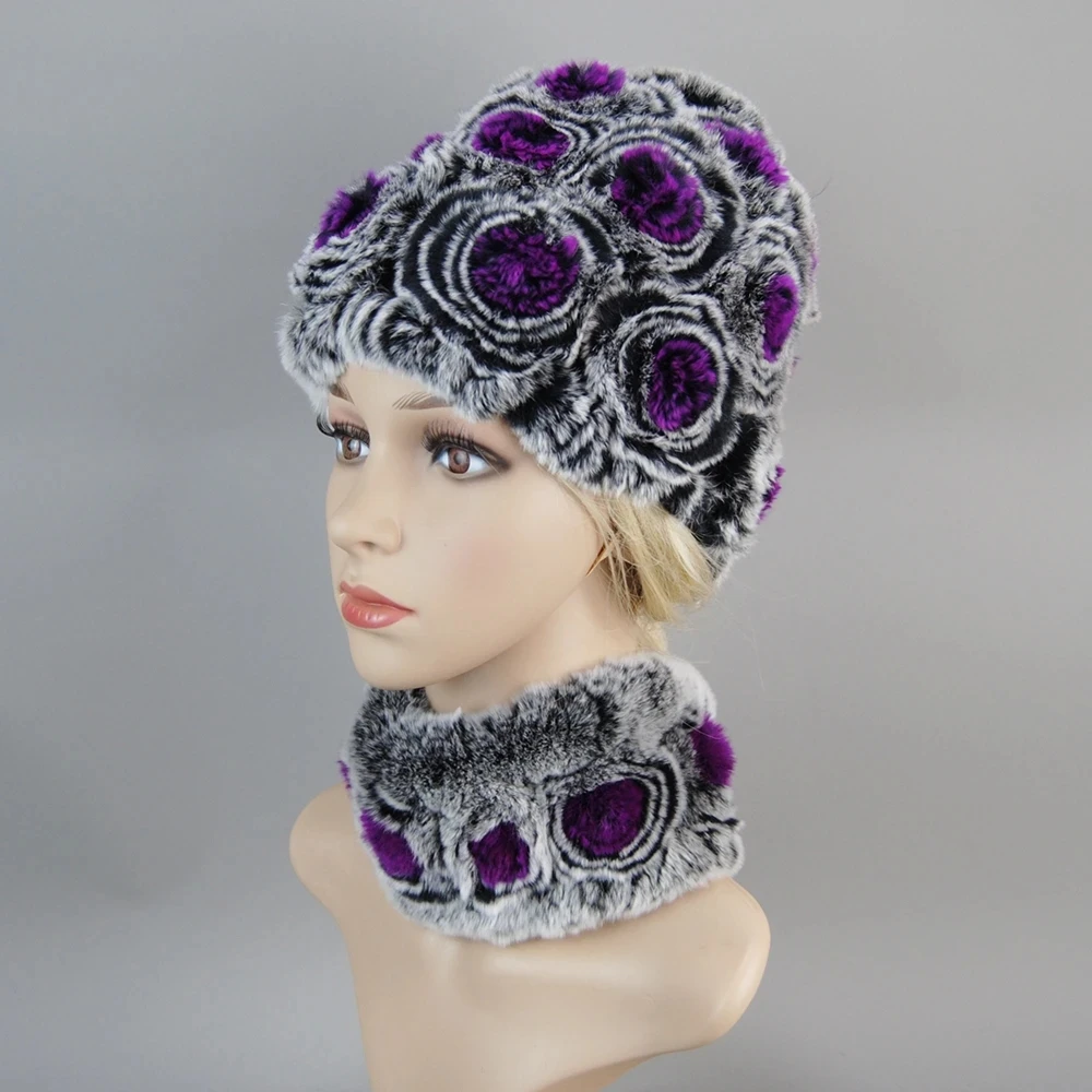 Fashion Girl Fur Cap Lady Winter Natural Real Rex Rabbit Fur Hat Scarf Suit High Quality Women 100% Genuine Fur Hat