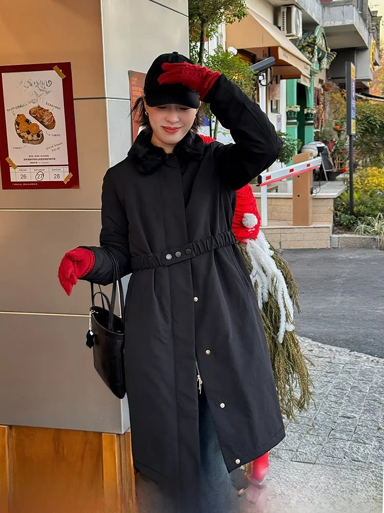 

Bla Long Warm Cotton Jaet Women's Sle Winter Coat with Fur Collar Waist-Cinching Design Commute Faion Straight Cut