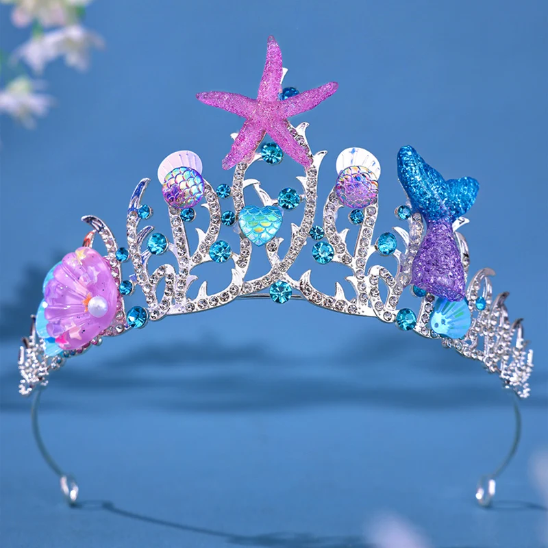 Kobiety rozgwiazda muszla z koroną z kryształu górskiego syrenka korona rybna styl oceaniczny kostium akcesoria do włosów księżniczka urodziny Tiara — zdjęcie 3