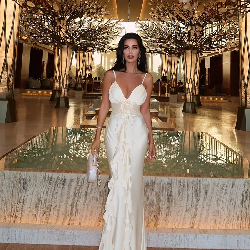 

Elegant Flower Ruffle Strapless Sleeveless Maxi Dress for Women Slim Backlesss V Neck Dresses Lady Party Club Outwear Robe Vesti