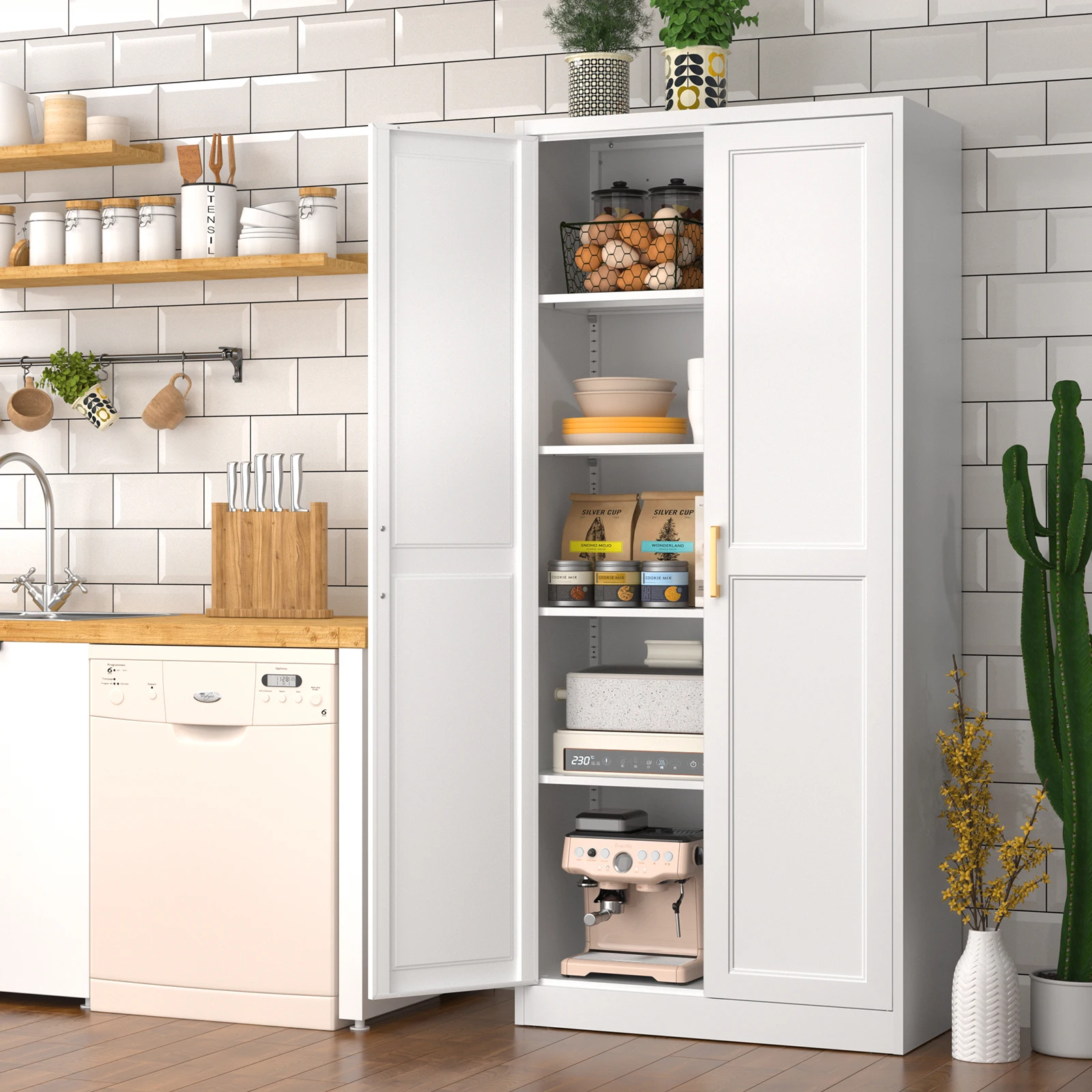 Polup 71'' White Kitchen Storage Cabinet with Doors and Adjustable Shelves for Living Room