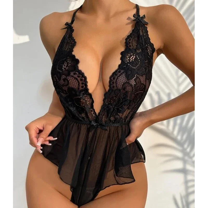 

Sexy Lingerie Women Transparent Lace Underwear Backless Deep V Corset See Through Otwarta Pupa Bodysuit Exotic Erotic Costumes