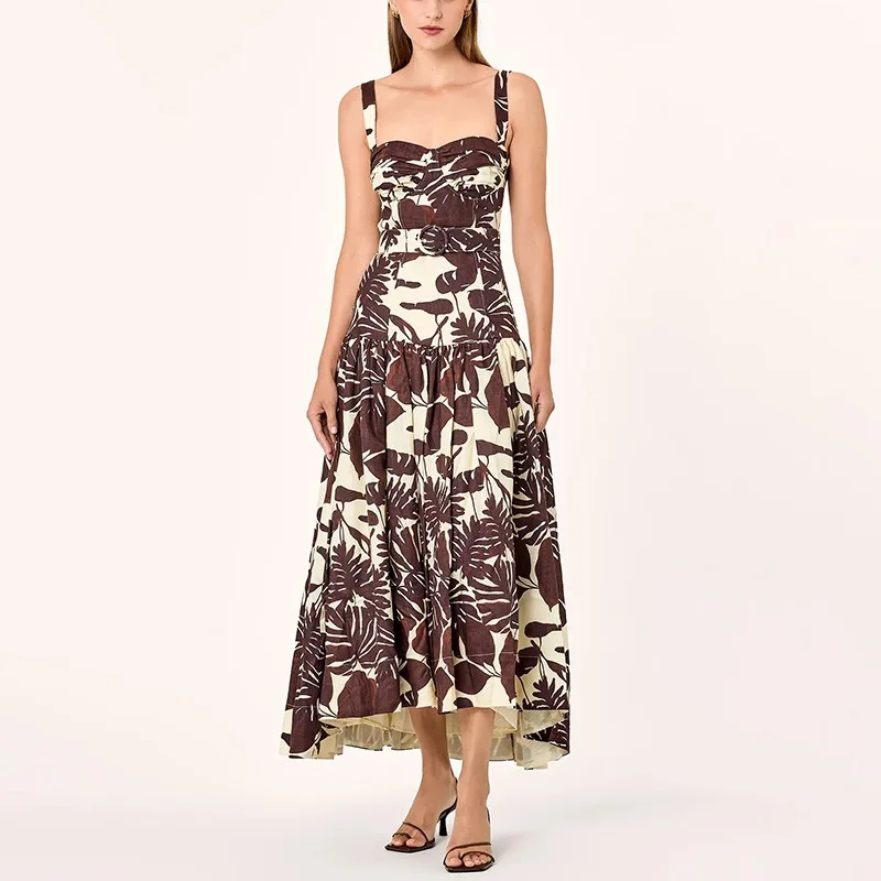 SXTHAENOO 2025 Estate Donna in cotone stampato con spalle scoperte Gonna lunga Vacanza al mare Maxi Boho Chic Moda Abito da festa sexy