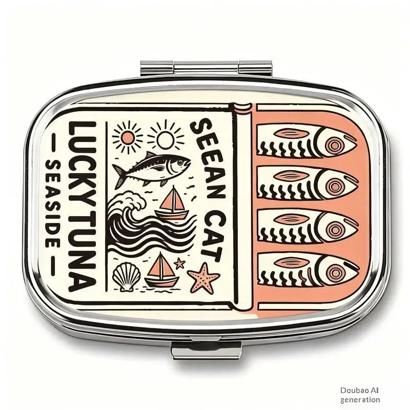 Boîte à pilules en métal avec impression de sardines LUCKY TUNA, organiseur de pilules de voyage portable à 2 compartiments pour vitamines et pilules〔HMA58〕