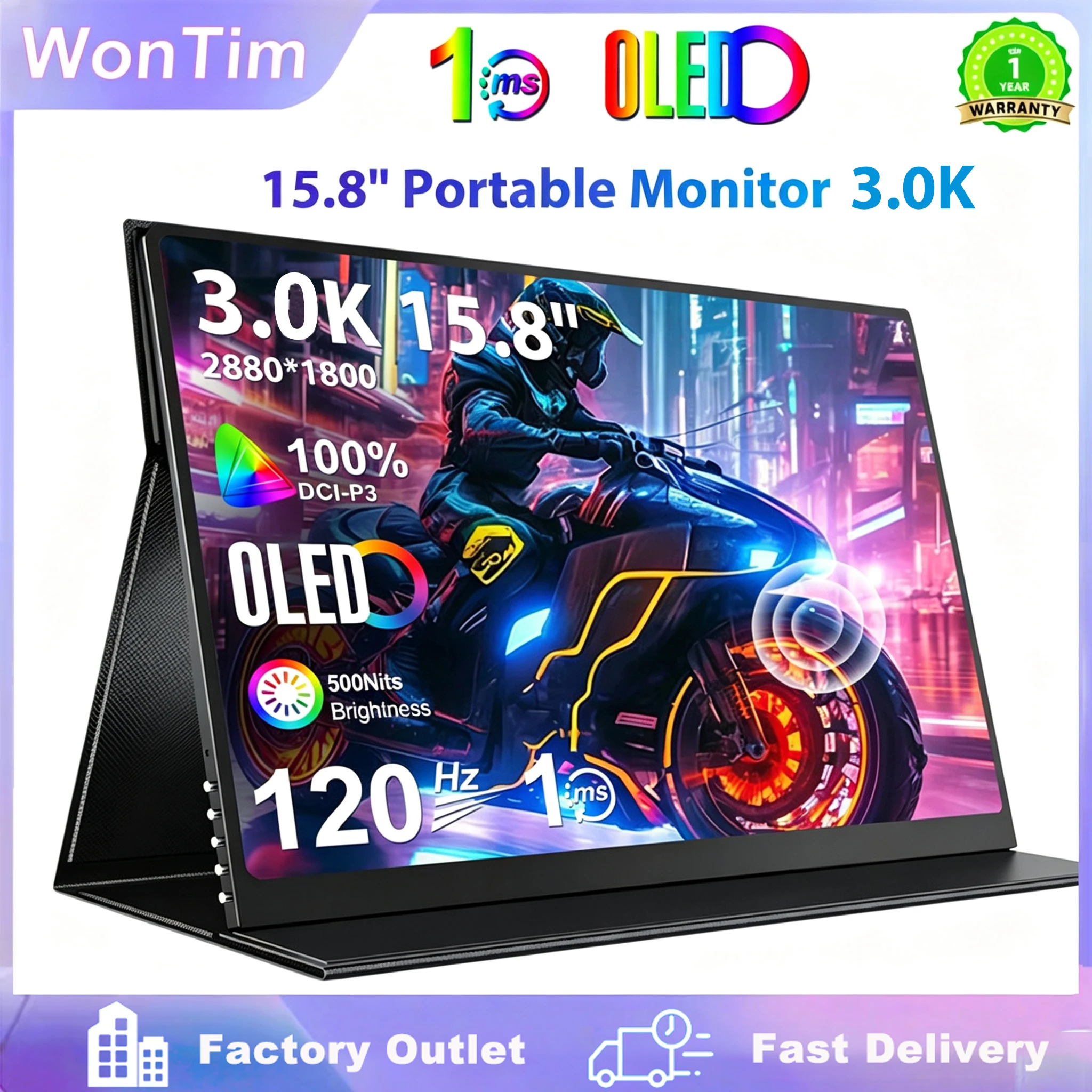 15.8" 3.0K OLED Non-Touch Portable Monitor 100% DCI-P3 Display 1MS Eye Care PC 120hz For Laptop Mac NUC Mini PC VESA LS Stand