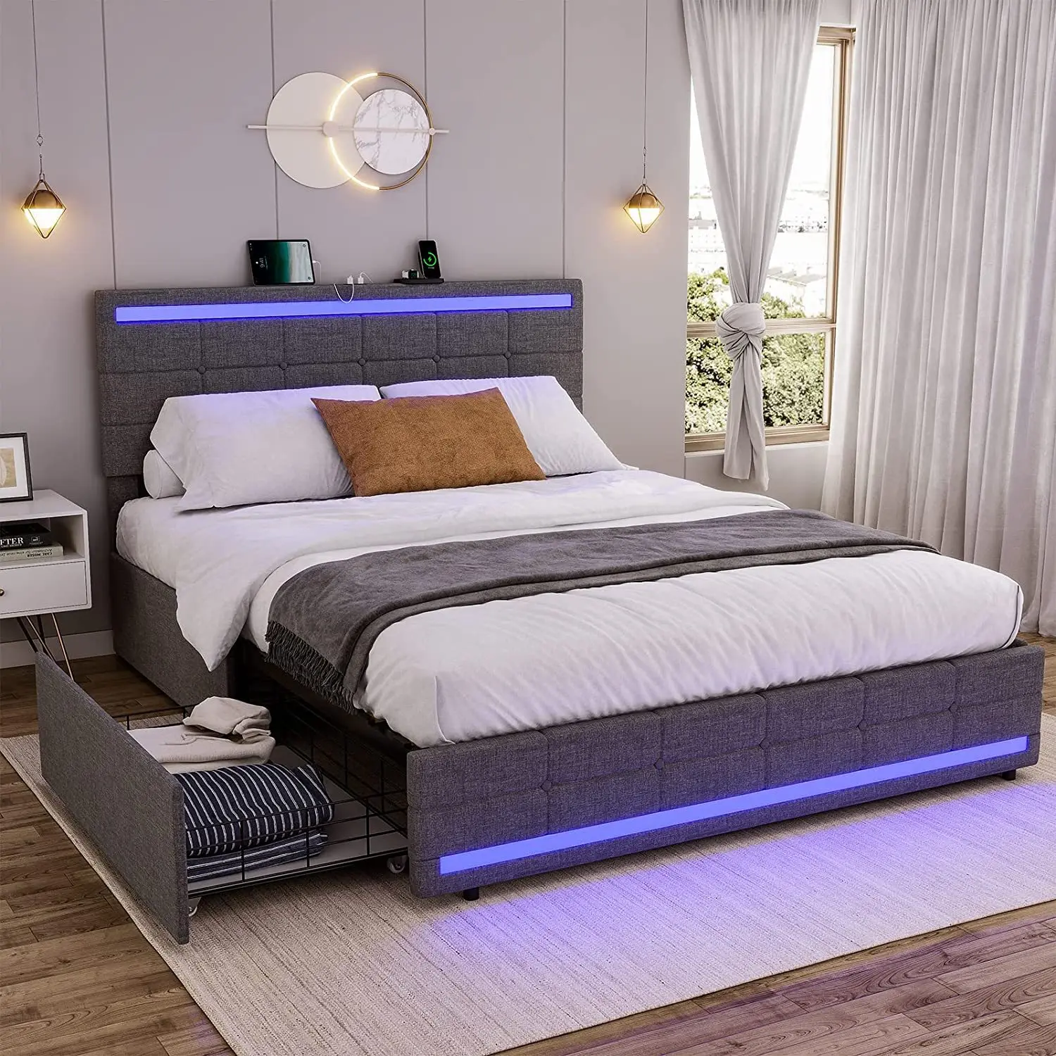 

Home Furniture Linen Fabric Queen Size Storage LED Light Smart USB Charge Bed Frame with Drawers