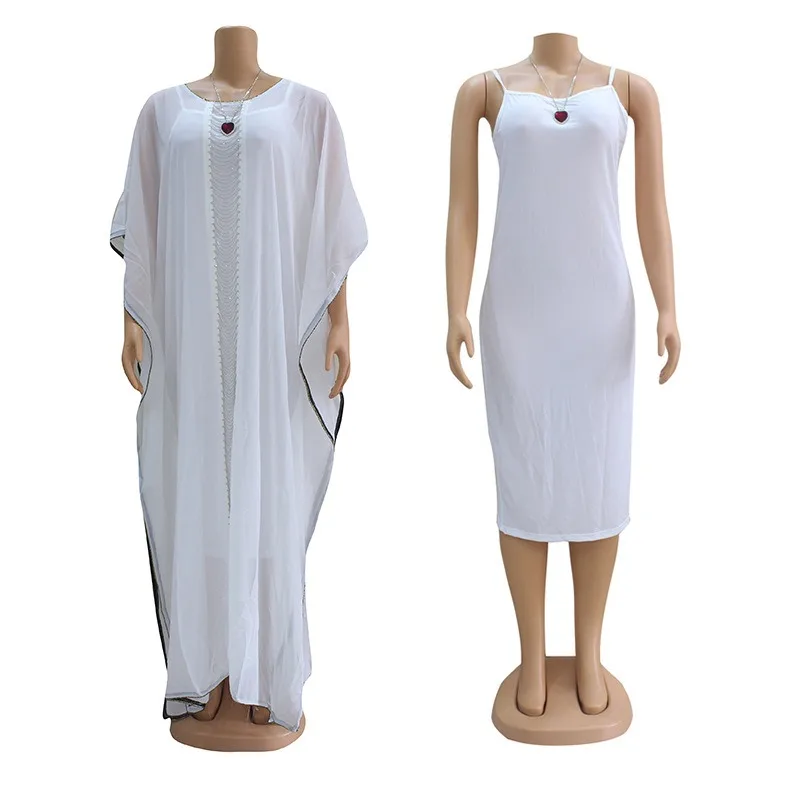 Plus Size African Dress for Women Fashion Africa Clothes Stretchable Outfit Gown Kaftan Muslim Wedding Party Maxi Dress 2PC Set