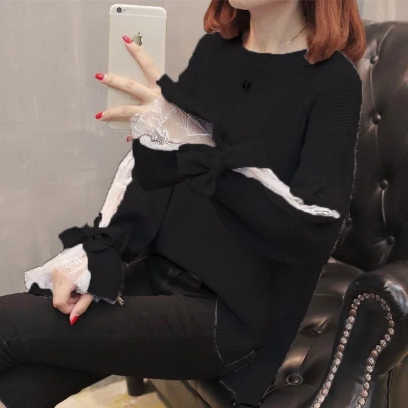 Lazy Style Spliced Bow Flap Sleeve Pullover Round Neck Spring and Autumn New Loose Knitted Sweater