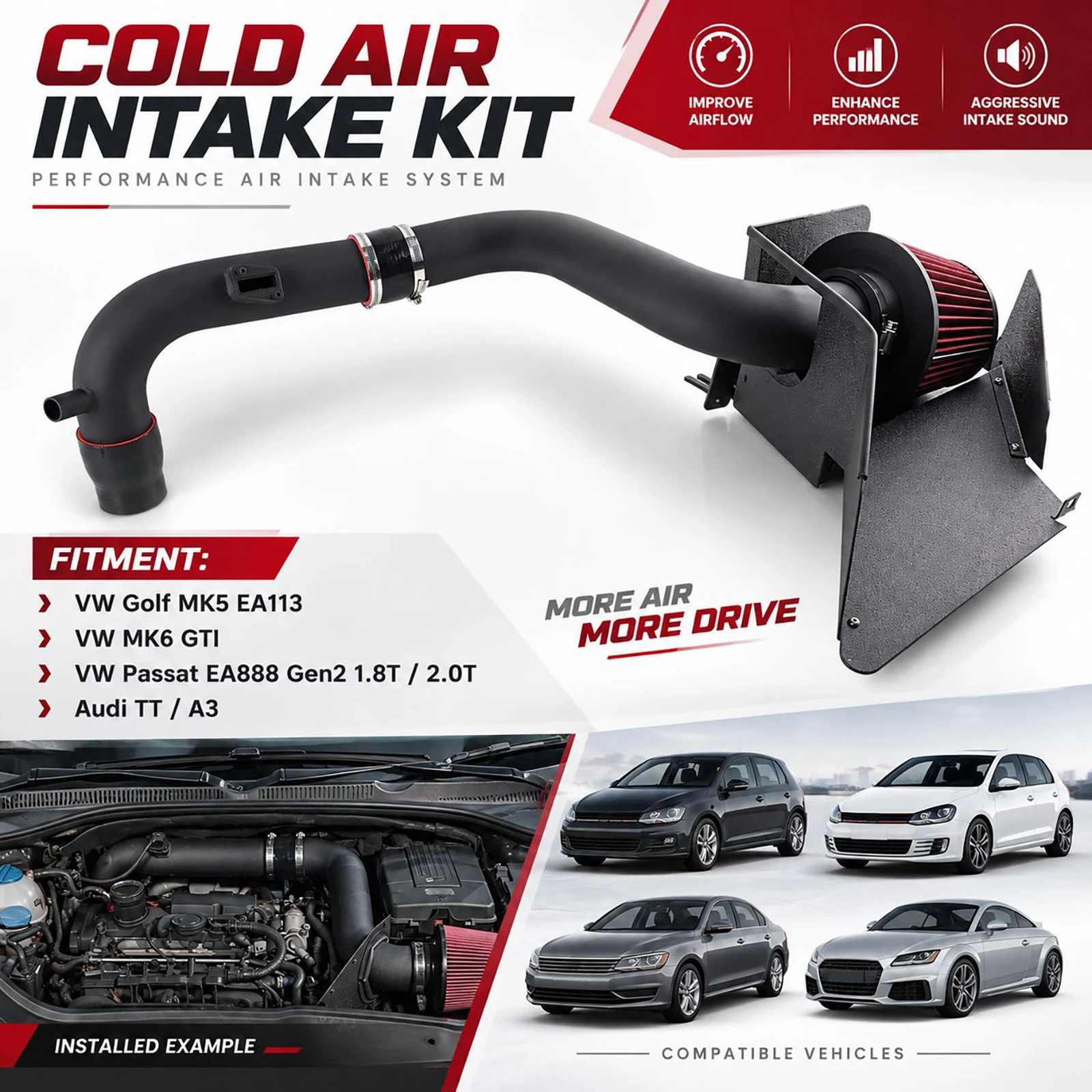 System wlotu powietrza do VW Golf MK5 MK6 GTI Passat 1.8T 2.0T EA113 EA888 Gen2, do Audi A3 TT, do Skody Octavia, Seat Leon – elementy do tuningu.