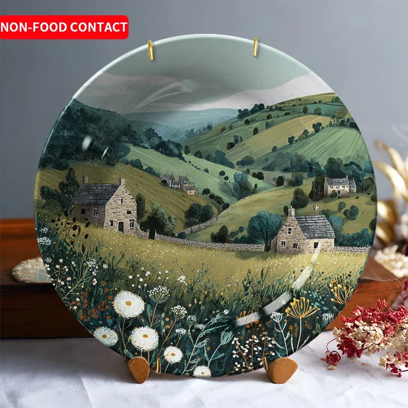1pcHand Painted Ceramic Decorative Plate Countryside Landscape with Farm and Daisy Field Design for Home Wall Table Decor Non