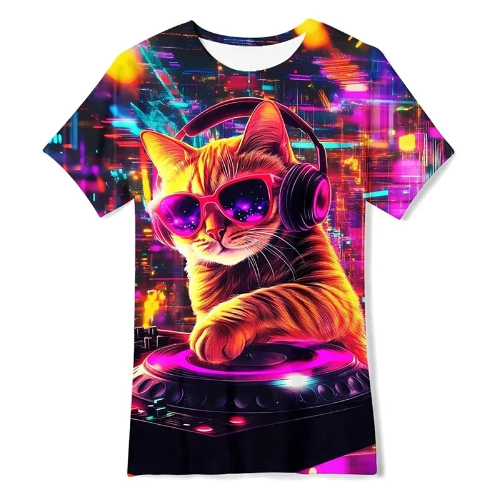 Neon Hip-Hop Cat 3D Print Men's TShirt Party Carnival Round-neck Quick-Dry Breathable Hip-Hop Street Trendy Family Space T-Shirt