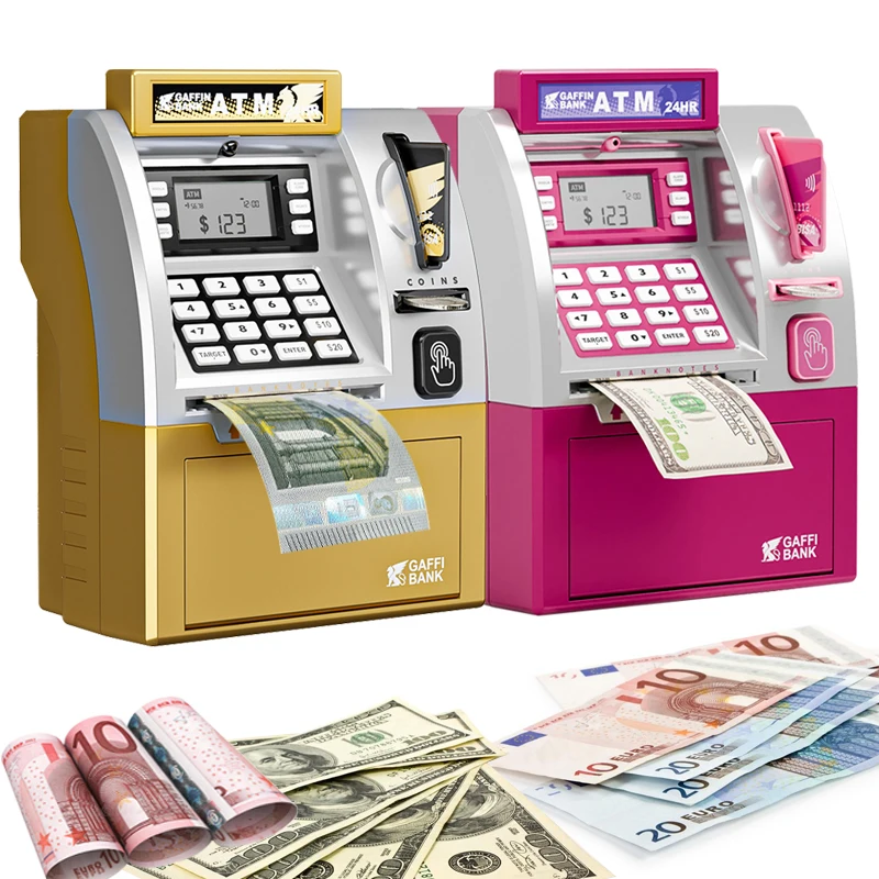 Automatic Roll Money ATM Piggy Bank Machine for Adults, Smart Password Card Swiping Money Safe Box, Birthday Gift Cash Storage