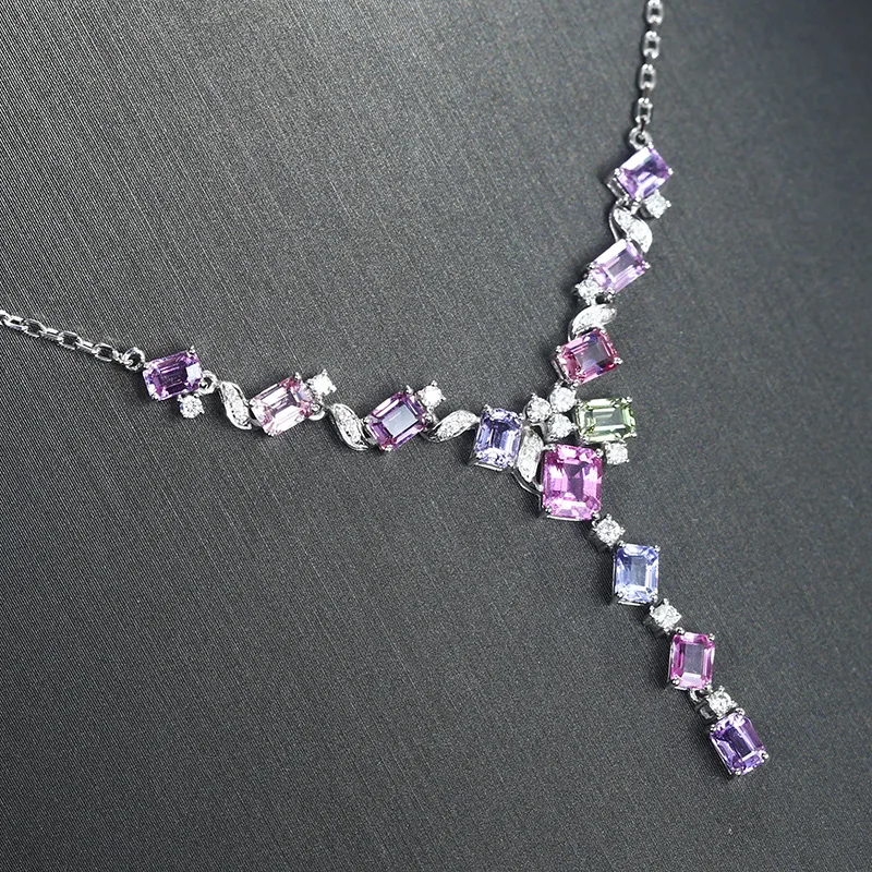 Colliers géométriques couleur argent pour femmes, incrustation de pierre de Zircon rose violet brillant, bijoux à la mode, cadeau de soirée, nouvelle collection