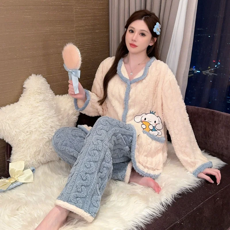 Sanrio jade cinnamon dog cartoon winter cut fleece thickened small lapel pajamas women's long-sleeved warm cute loungewear set