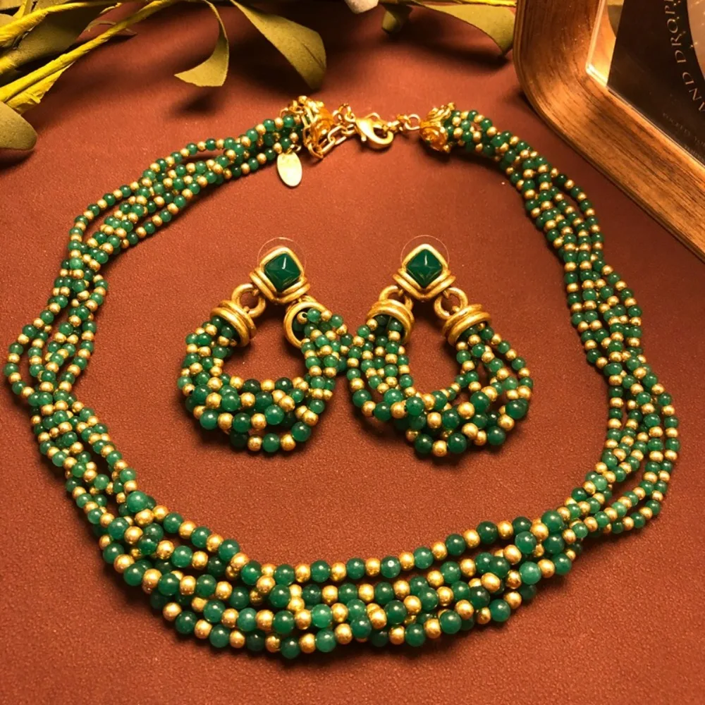 

Classic Middle-aged Style Emerald Glass Beads Multi-layer Necklace Dangle Earrings Elegant Design Statement Sweater Chain Women