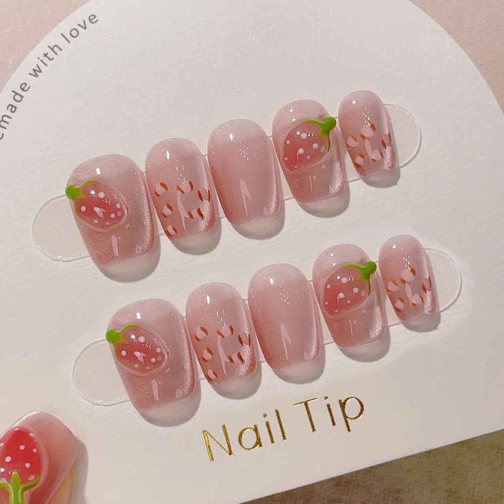 Kit de 10 Uñas Postizas Extra Cortas en Forma de Trapezoide, Uñas Falsas Rojas, Arte de Uñas Bonito y Dulce, Estilo Pudín de Leche con Fresa