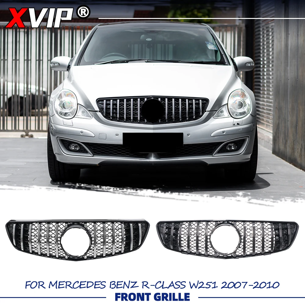 XVIP Glänzend schwarzer GTR-Style Racing-Kühlergrill, Chrom-Silber-Stoßstangengrill für Mercedes Benz R-Klasse W251 2007-10 R320 R350 R500 R550