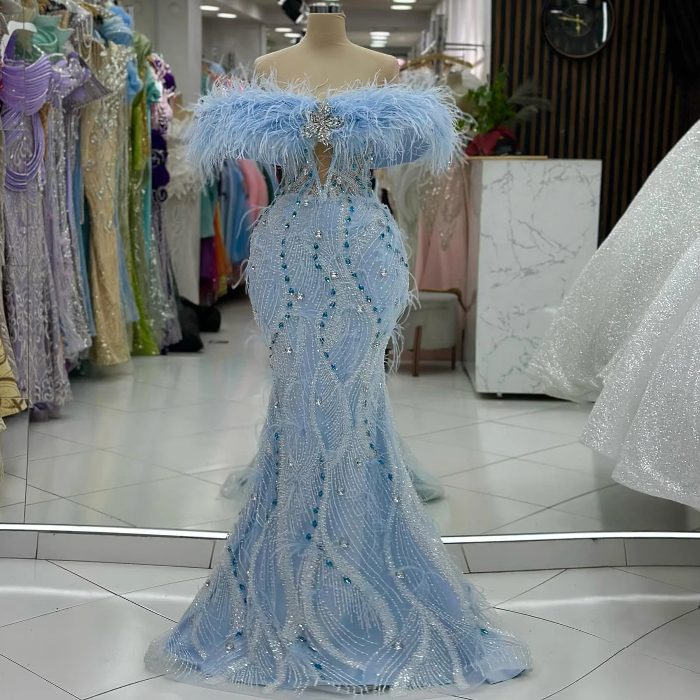 Robe de Soirée Élégante en Forme de Sirène, Bleu, Plumes, Clip, Perlée, Bal de Fiançailles, Mariage, Personnalisée