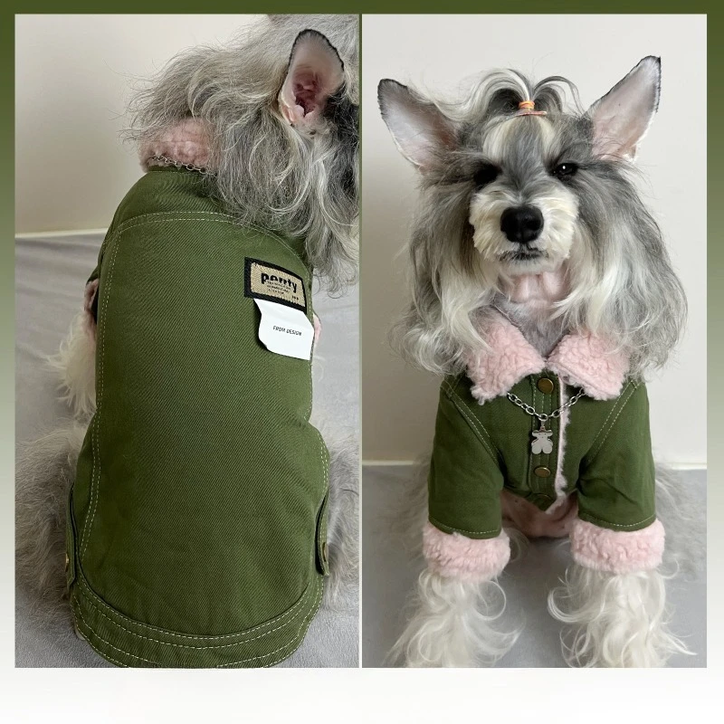 Vintage Denim Fleece Lined Pet Coat Winter Thick Warm Dog Jacket Lapel Collar Windproof Stylish Soft Cute Cozy Puppy Outerwear