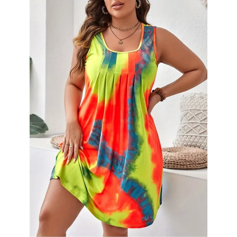 Plus Size Women 1XL-5XL Fashion Sleeveless Tie Dyed Dress Ladies Pleated Fashionable Knee Length Skirt Breathable Dress