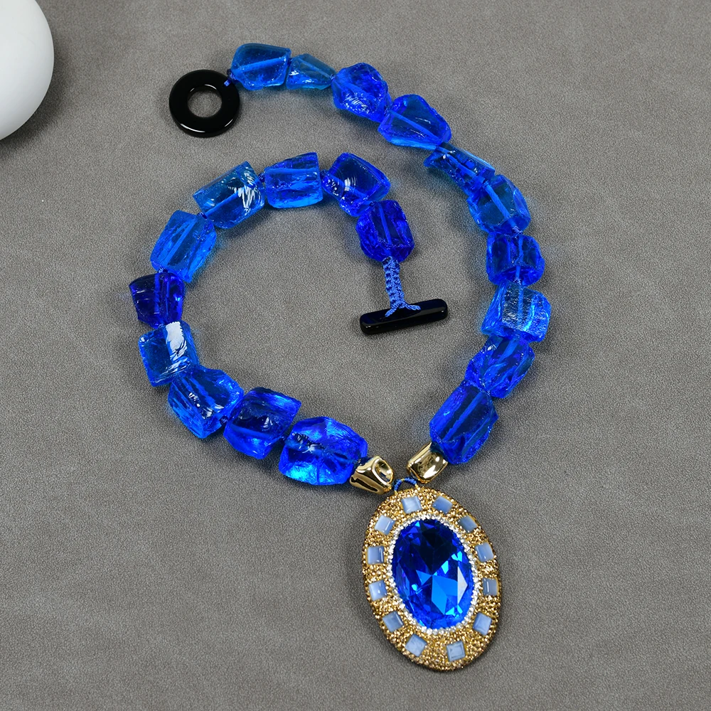 GG Natural Blue Glass Rough Nugget Necklace Blue Crystal Cat Eye Oval Shape Pendant Collar Choker Necklace Lady Gifts