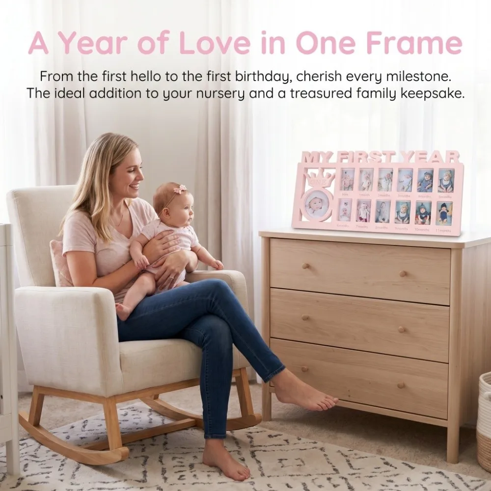 Plastic Growth Frame 15.55*7.6 in 12 Small Frames Monthly Photo Frame Cartoon Crown Style 13 Photo Inserts Newborn Memory Frame