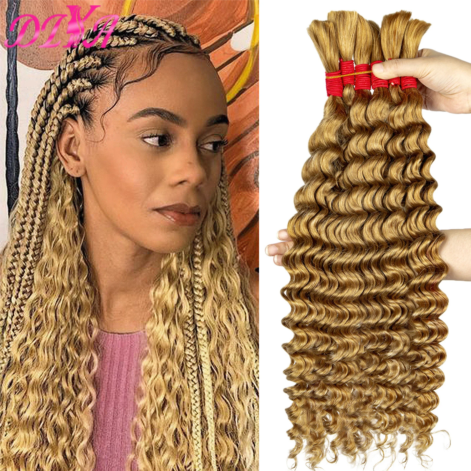 

Bulk 27# Color Deep Wave Hair Bulk for Boho Braiding 16-28 inches No Weft Remy Human Bundles Extension 50g/pack Braids Hair