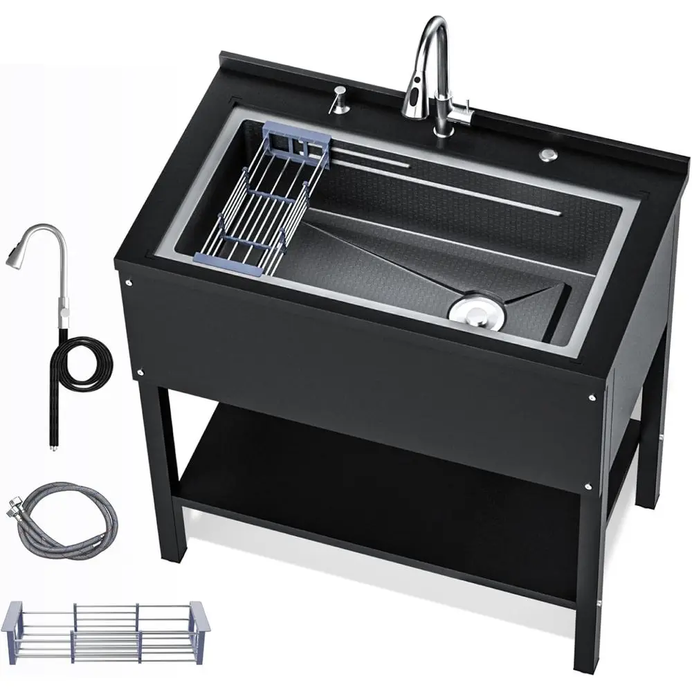 

36" Freestanding Utility Sink, Heavy Duty Stainless Steel Laundry Room Sink for Garage, Outdoor Kitchen or Workshop, Modern Blac