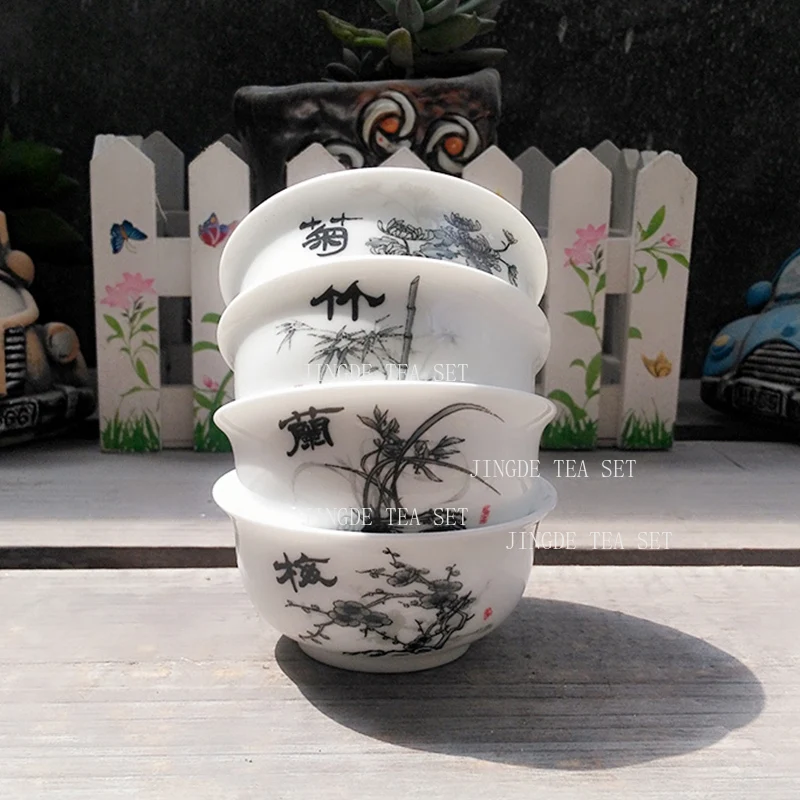 4pcs Ceramic Plum Blossom Tea Cup Set Home Tea Cup Chinese Kung Fu Teaset Accessories High End Drinking Utensils Overglaze Color