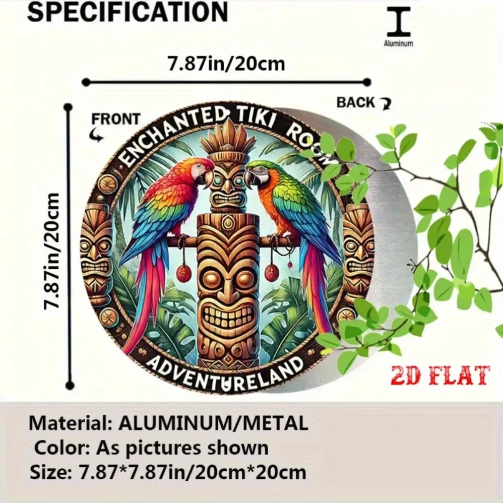 لافتة تيكي مسحورة ملونة - فن معدني مستدير، والببغاوات الاستوائية وديكور مغامرة الطوطم للمقهى والغرفة