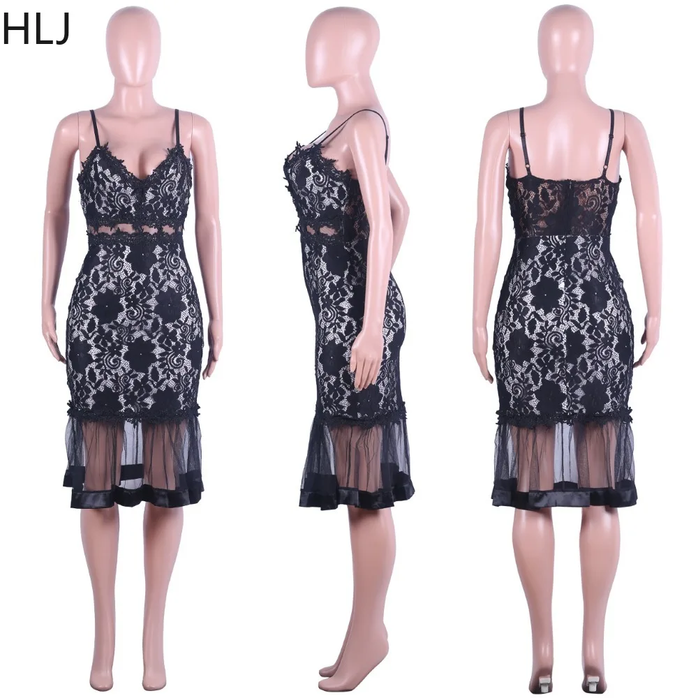 HLJ Sexy Lace Perspective Suspend Dress Women V Neck Sleeveless Mermaid Vestidos Fashion Hollow Mesh Patchwork Party Club Dress