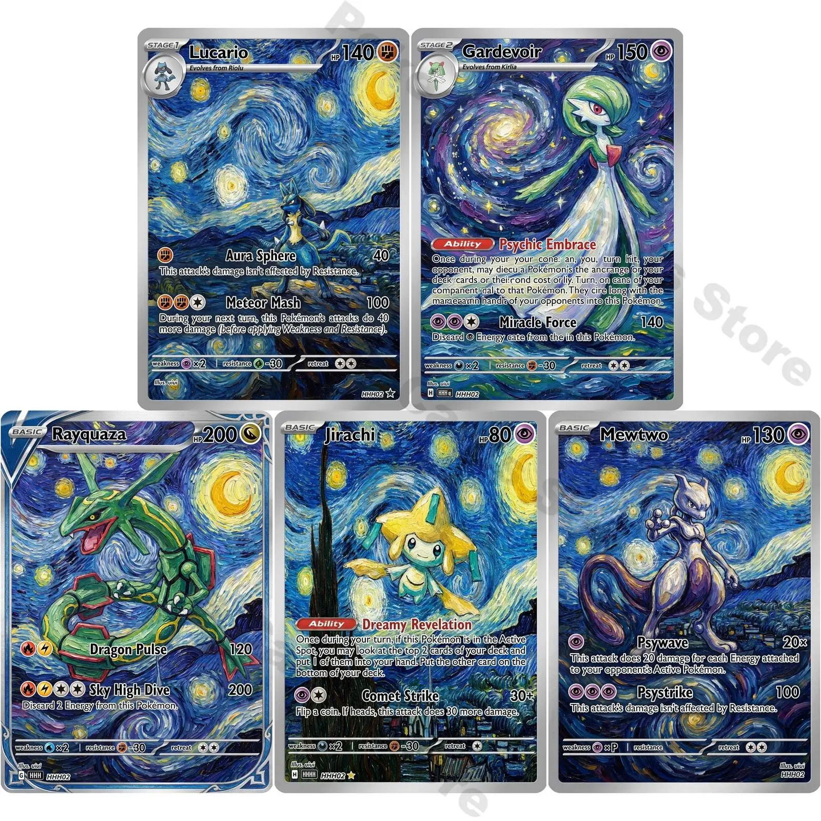 5Pcs PTCG Cards PTCG Oil Painting Style Custom Lucario Gardevoir Jirachi Mewtwo Collection Cards Rare Cards Set PTCG Gift