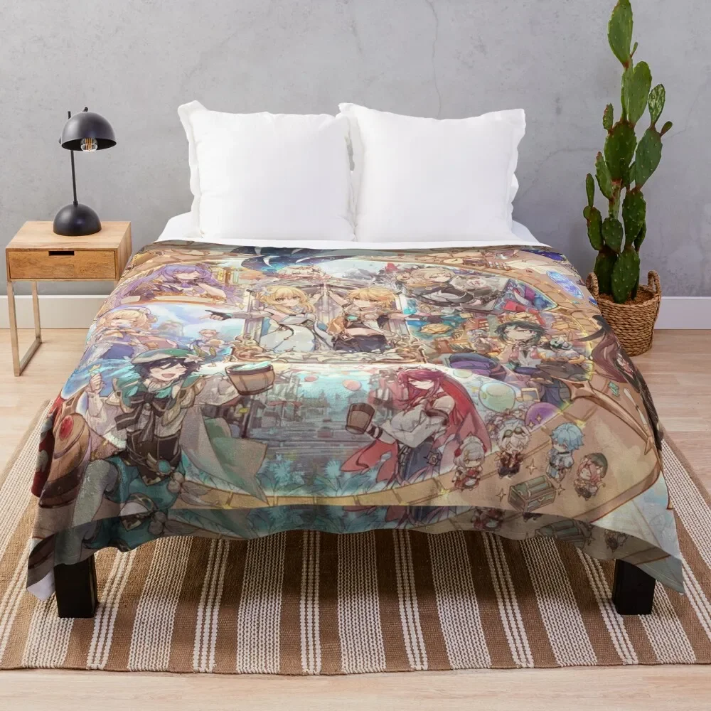 

Round Table Dinner Artwork- Genshin Impact All Character in One Artwork Throw Blanket Summer Bed Blankets