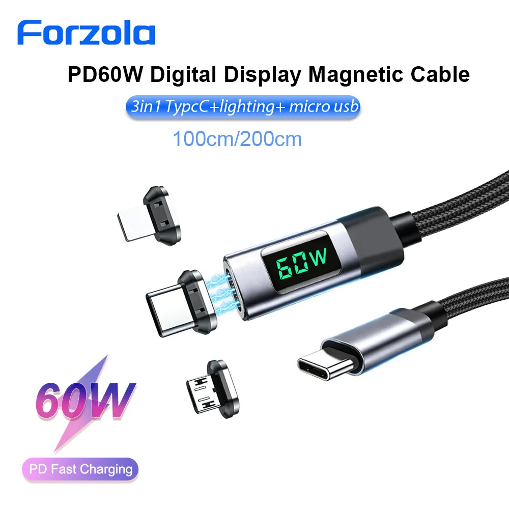 FORZOLA 3in1 Type C to Type-C Cable 60W PD Fast Charging Magnetic USB C to Micro USB Display Cable For iPhone Xiaomi Huawei iPad