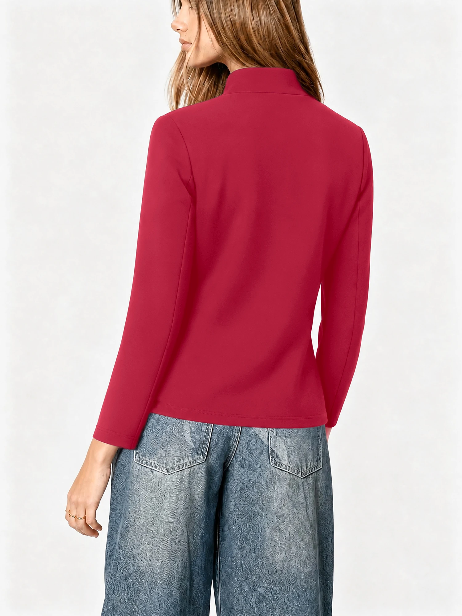 Chic Women Slim Mandarin Collar Blazer Long Sleeve Open Front Solid Color Commuter Outer Jacket For Work And Weekend Trip