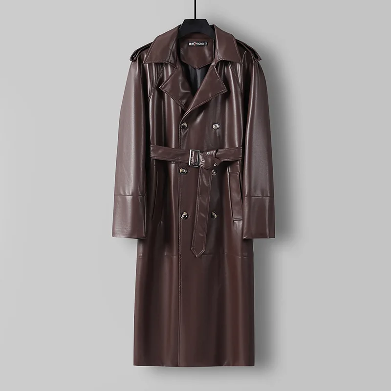 

High-end PU leather jacket extra long spring and autumn thickened cotton windbreaker business light mature winter coat for men