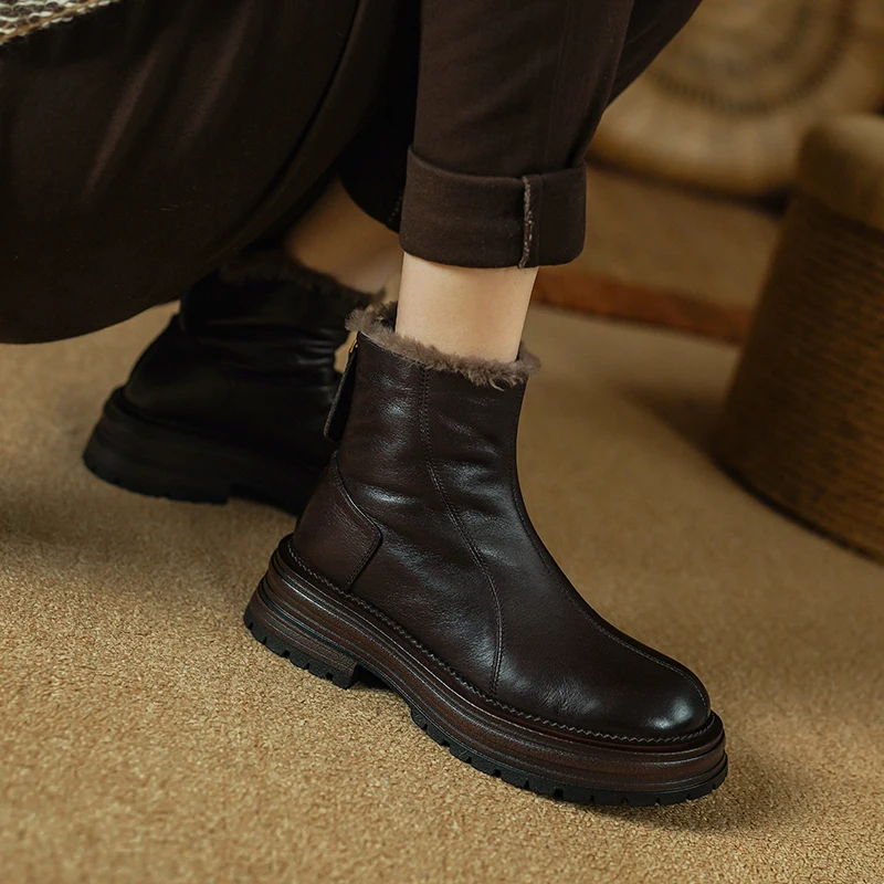 2025 New Genuine Leather Wool Boots Women Slip on Square Mid Heels Warm Winter Boots Handmade Warm Ankle Booties Retro Shoes