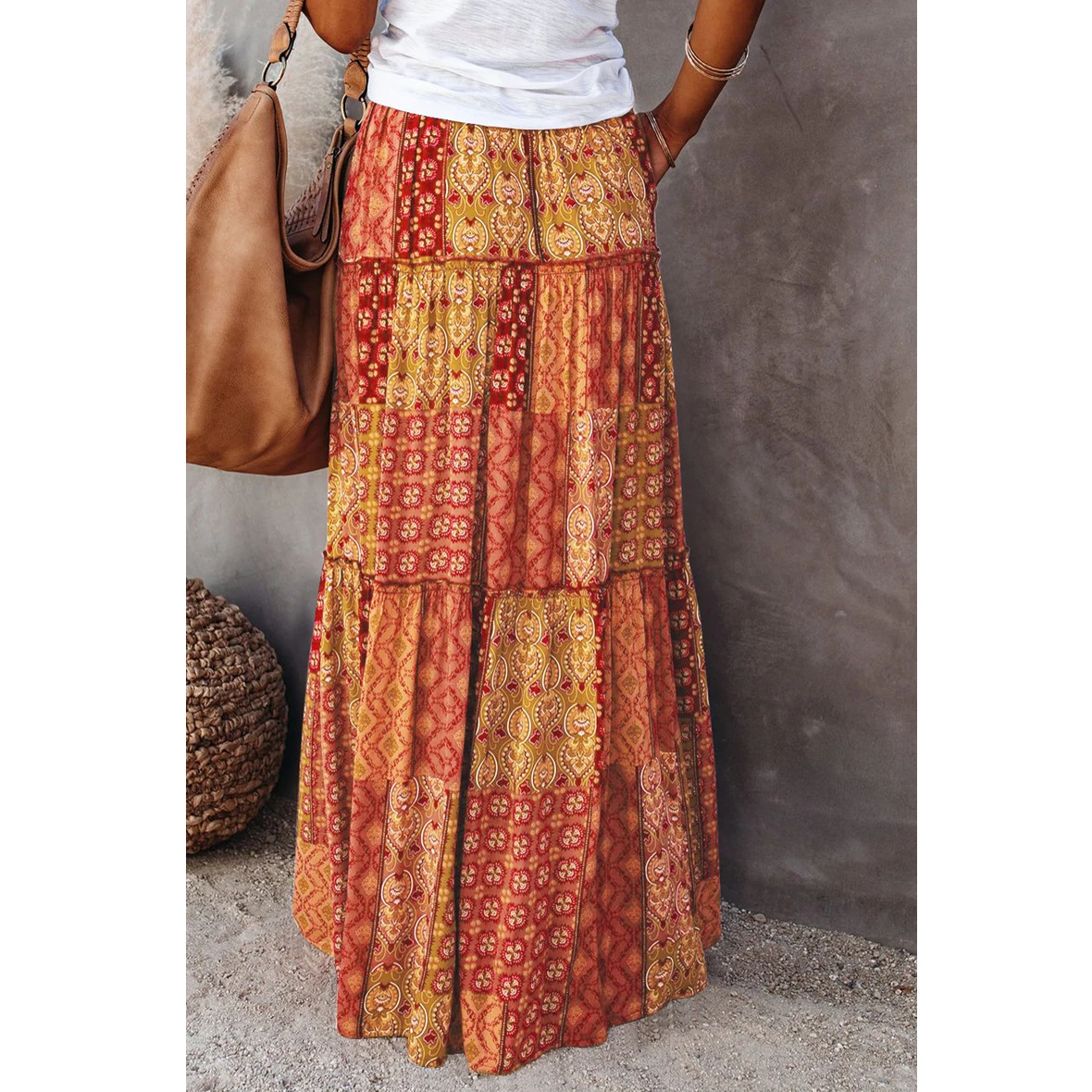 Bohemian High Waist Maxi Skirt Self-tie Elastic Pocket Long Skirt for Women  Summer  Holiday Beach Skirt AM5202